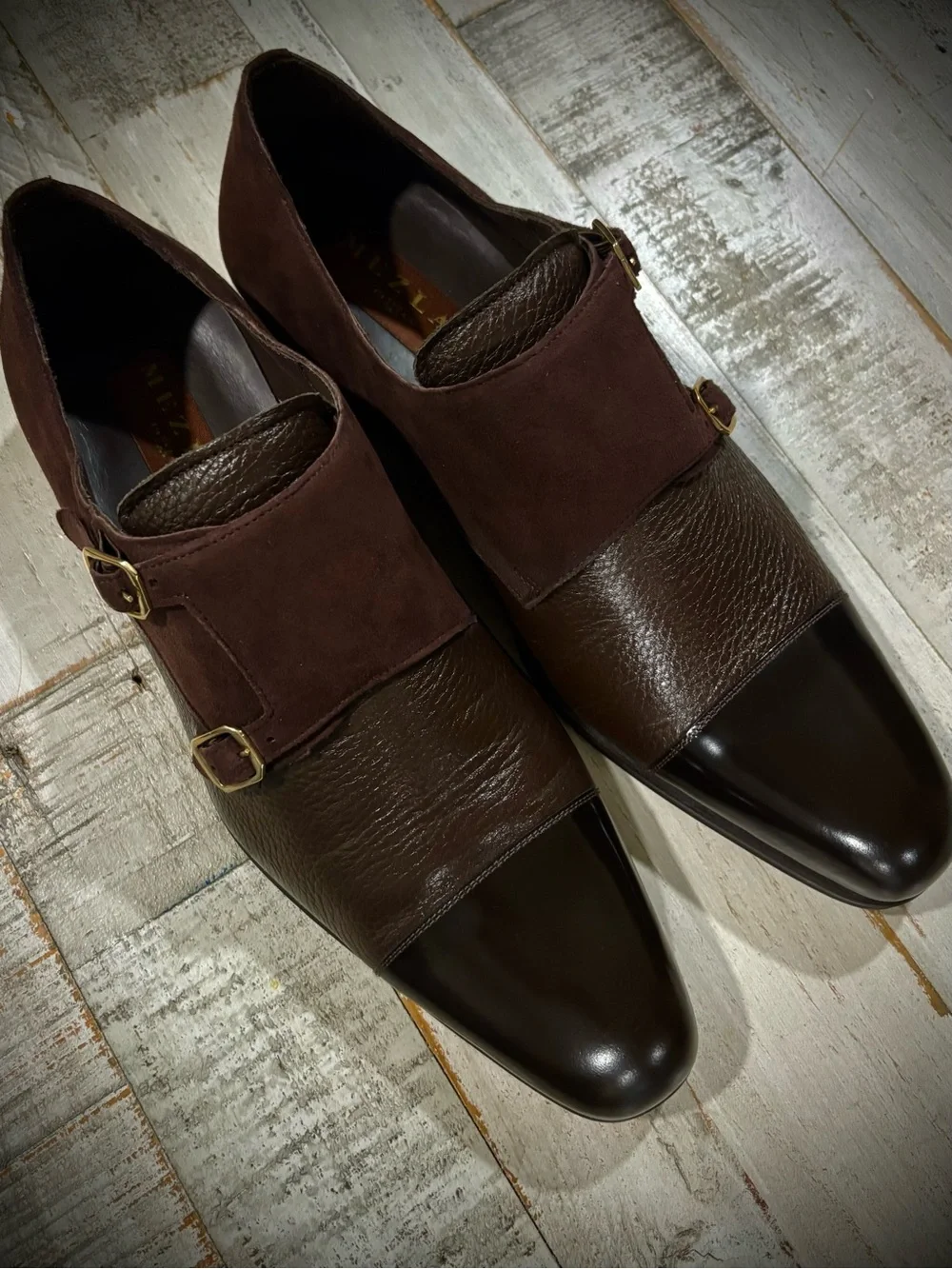 Mezlan Brown Three-Texture Double Monk Strap Shoes. Classic, elegance & quality